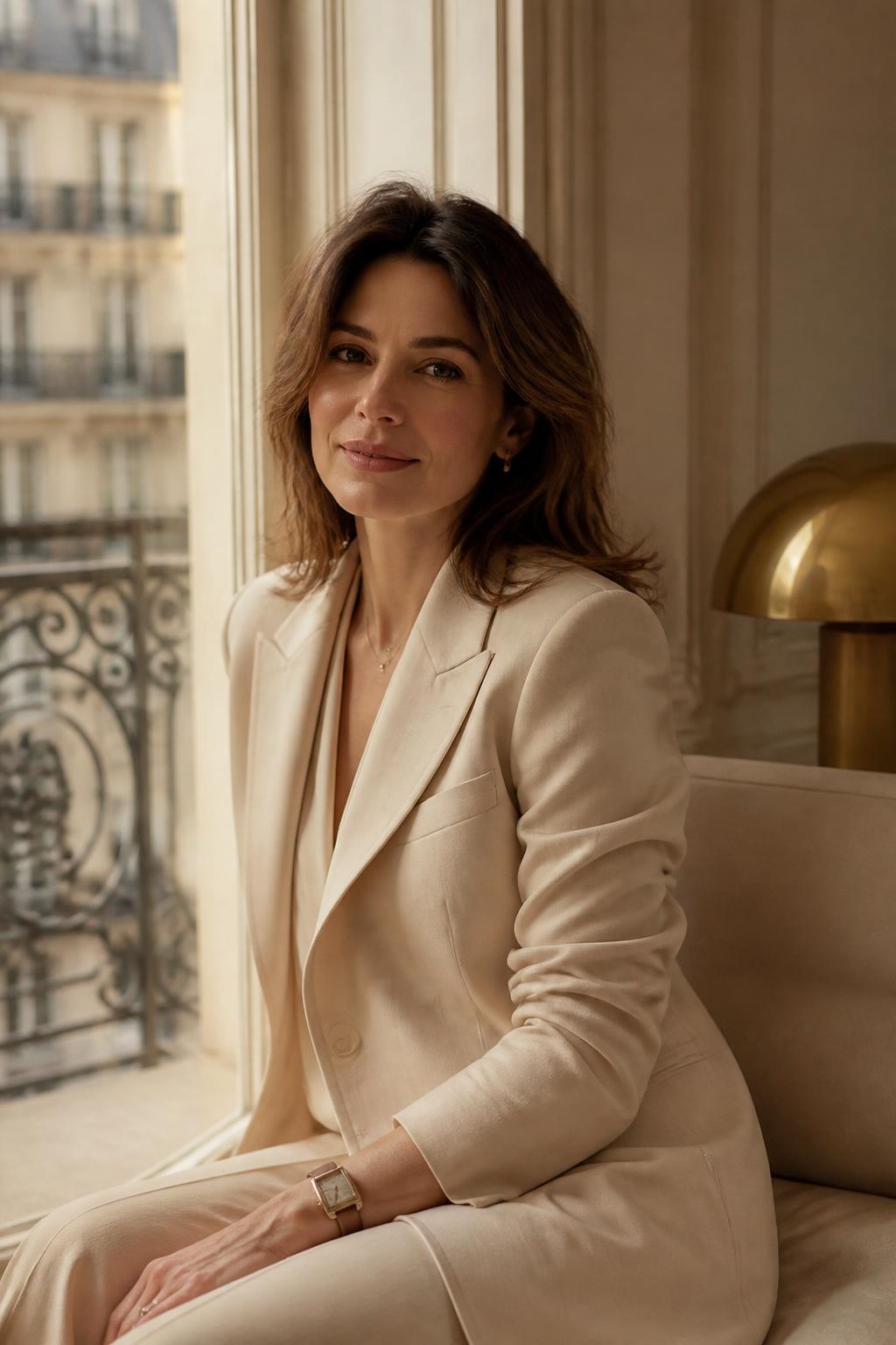 Une femme parisienne moderne dans un intérieur lumineux et raffiné